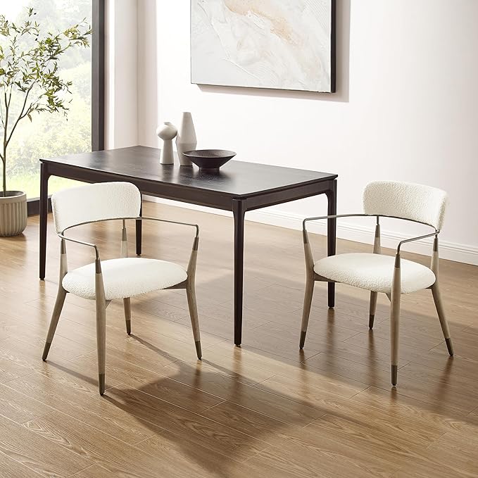 Art Leon Mid Century Modern Dining Chairs - Boucle Fabric Upholstered Dining Room Chairs with Wood Legs, Accent Arm Chair with Open Backrest, Set of 2, White