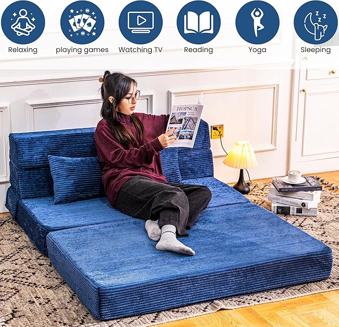 Folding Sofa Bed, Convertible Sleeper Chair with Pillow, High Density Memory Foam Fold Out Couch, Foldable Mattress Futon Sofa for Living Room/Dorm/Guest Use/Apartment/Home Office