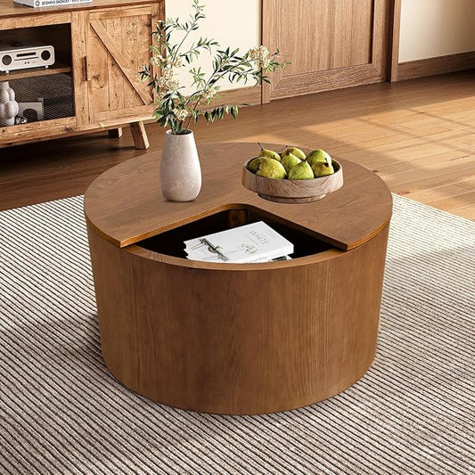 27.16" Round Coffee Table with Storage Modern Wooden Coffee Table Circle Accent Center Table for Living Room Small Space Apartment Office (Circle Brown)