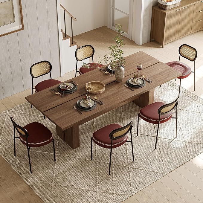 Rattan Dining Chairs Set of 4, Wine Leather Upholstered Dining Chairs with Rattan Cane Back, Mid Century Modern Dining Room Chairs with Black Metal Legs & D-Shaped Thicken Cushion, Wine