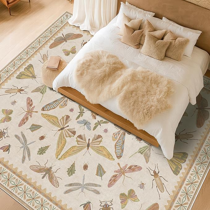 8x10 Fun Rugs For Bedroom - Maximalist Rug for Living Room, Playroom, Dining Room Under Kitchen Table, Washable Soft Stain Resistant Low Pile, Butterfly Insect Floral Cottage Decor, Beige & Yellow