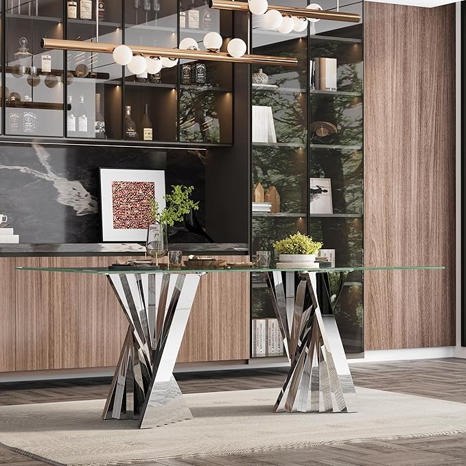 78" Silver Dining Table for 6-8, Modern Kitchen and Dining Table with Tempered Glass Top and Silver Mirrored Stainless Steel Base, Luxury Rectangular Dinner Room Table for Kitchen, Dining Room