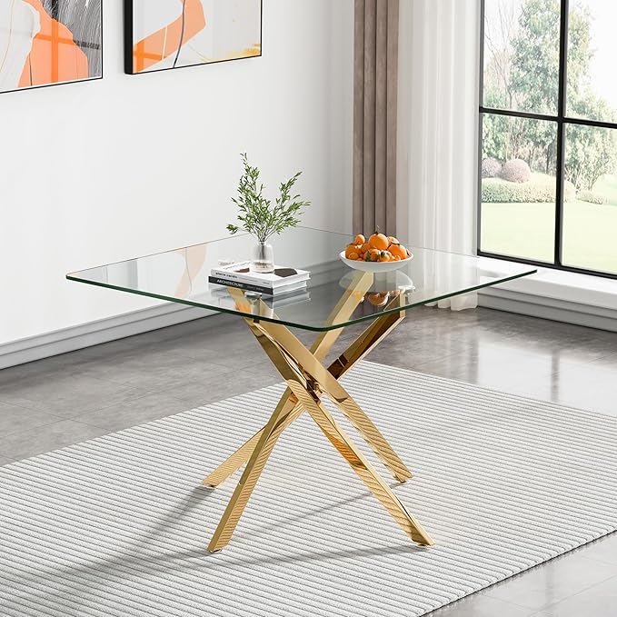 Goujxcy 5 Piece Glass Dining Table Set Modern Small Glass Dining Table Set for 4, 35.43" Square Kitchen Table and 4 Velvet Upholstered Chairs for Kitchen Dining Room, Gold & Beige