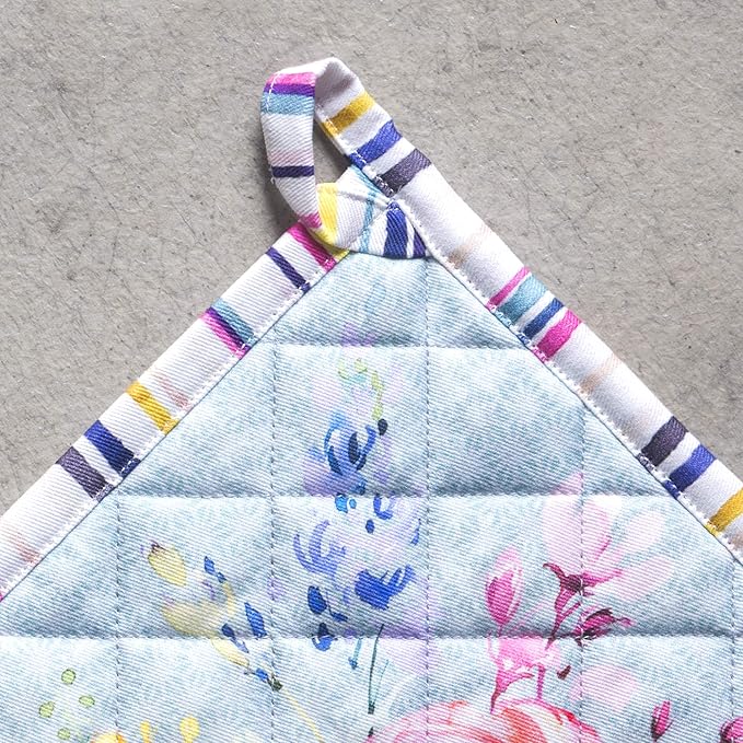 Maison d' Hermine 100% Cotton Oven Mitt & Pot Holder Set (7.5"x13" & 8"x8") Heat Resistant BBQ Cooking Gloves with Loop, Grilling, Kitchen, Handling Hot Pans Spring/Summer (Sweet Rose Lavender - Lush)