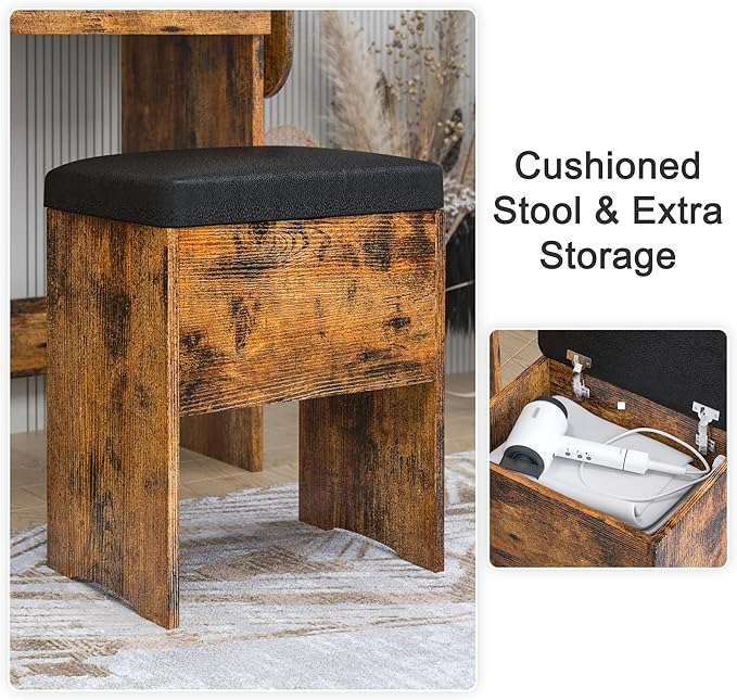 IRONCK Vanity Desk with LED Lighted Mirror & Power Outlet, Makeup Table with Drawers & Cabinet,Storage Stool,for Bedroom, Vintage Brown