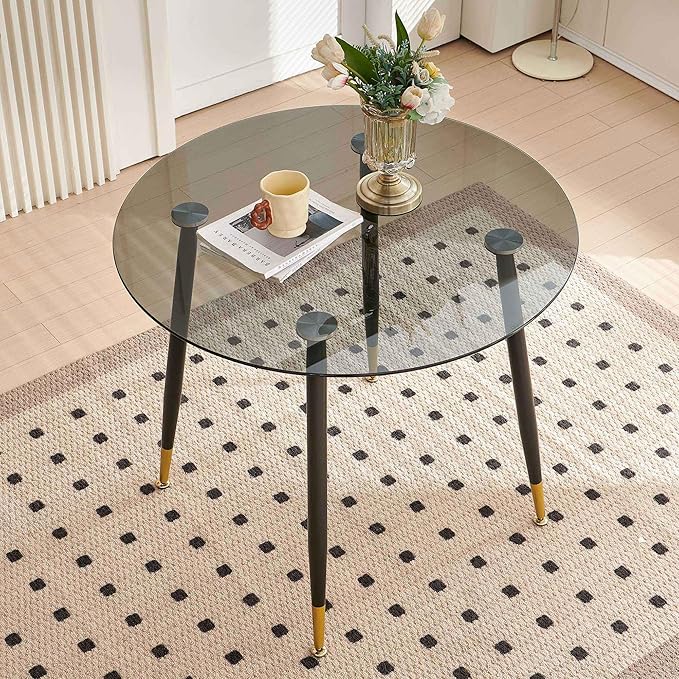 Modern Kitchen Table Set for 4, 5 PCS Grey Glass Round Dining Table Set, 35.43" Round Kitchen Table Transparent with 4 Upholstered Accent Chairs Comfortable Dining Chairs