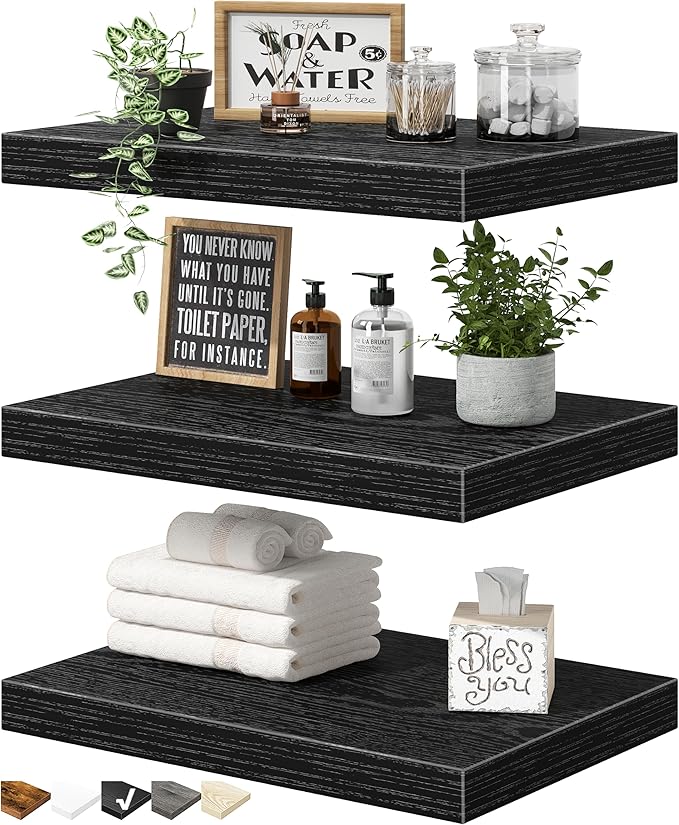 QEEIG 10" Deep Floating Shelves for Wall - 10 x 16 inch Book Shelf Bathroom Bedroom Kitchen Living Room Hanging Bookshelf Farmhouse Set of 3, Black (025-40B3)