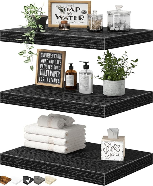 QEEIG 10" Deep Floating Shelves for Wall - 10 x 16 inch Book Shelf Bathroom Bedroom Kitchen Living Room Hanging Bookshelf Farmhouse Set of 3, Black (025-40B3)