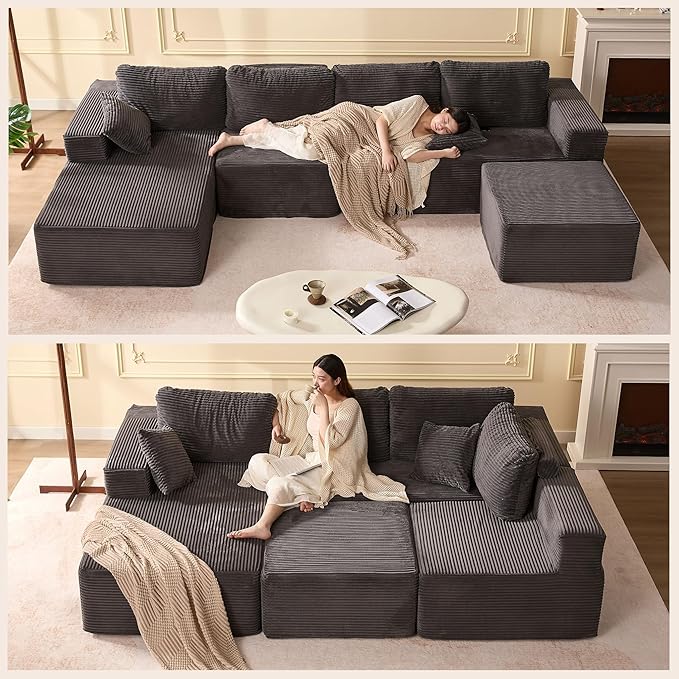 138" Boneless Couch with Deep Seat, Modular Sectional Sofa, Cloud Sectional Couch for Living Room, No Assembly Required, Corduroy, U-Shape 4 Seater Left, Gray