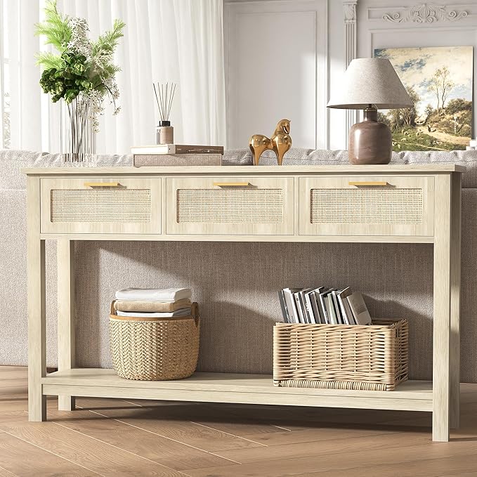 ELYKEN Rattan 51.2" Console Table with 3 Drawer, Entryway Table with Drawer & Shelf, Boho Sofa Table Behind Couch Foyer for Living Room, Hallway, Natural Wood