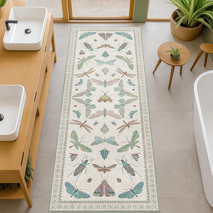 Boho Bathroom Runners - 2x6 Blue and Green Rug for Kitchen, Entry Way, Non Slip Washable Butterfly Insect Print Home Decor