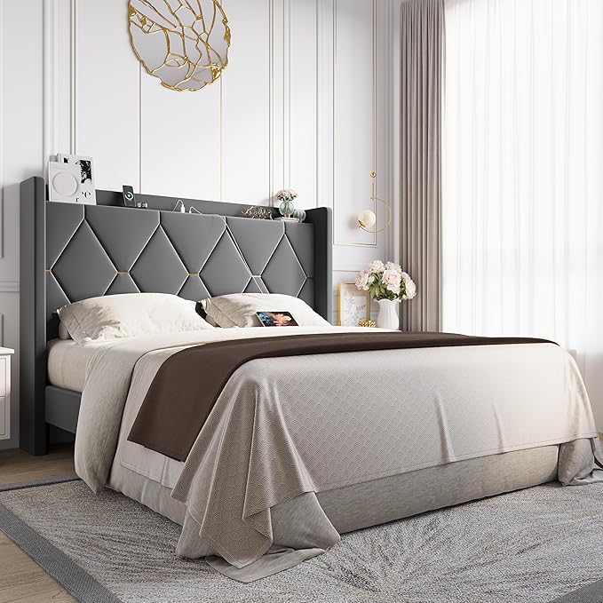 Allewie Velvet Full Size Upholstered Bed Frame with Wingback Storage Headboard & Charging Station, Platform Bed with Diamond Tufted Design & Gold Trim, No Box Spring Needed, Easy Assembly, Grey