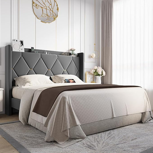Allewie Velvet Queen Upholstered Bed Frame with Wingback Storage Headboard & Charging Station, Platform Bed with Diamond Tufted Design & Gold Trim, No Box Spring Needed, Easy Assembly, Grey