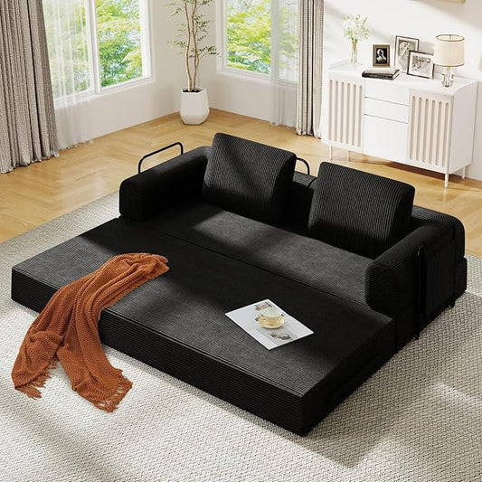 Antetek Convertible Sofa Bed, Comfy Corduroy Fluffy Love seat Sleeper Sofa, 5 in 1 Folding Couch Bed, Fold Out Floor Couch with Pillows for Bedroom, Living Room, Office, Pinstripe, Black