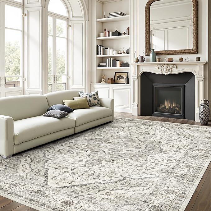 Deerly Boho 6x9 Area Rug Vintage Rugs for Living Room, Washable Rugs Non Slip Large Area Rug for Dining Room Bedroom Office, Floor Decoration Big Rug Mat Low-Pile (Cream)