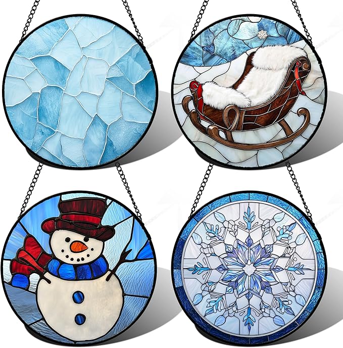 Stained Glass Window Hanging 4 Pcs Set Blue White Christmas Snowman Snowflake 6.3" - Suncatcher Door Garden Sun Catcher Decor Birthday Mother's Day Xmas Gifts for Mom Woman Nana Men