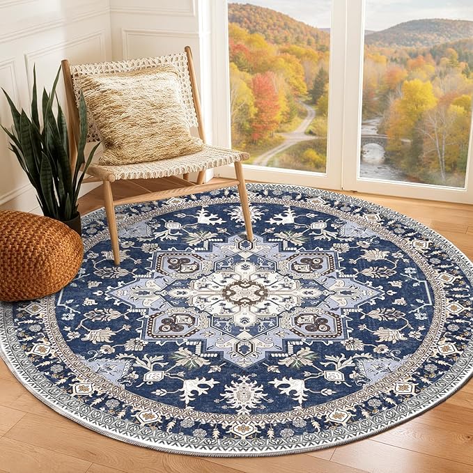 OPPODREAM Thin Round Rug 3ft, Washable Circle Rug 3ft with Non Slip Backing Play Room, Low-Pile Carpet 3 ft, Small Faux Cashmere Throw Carpet, Navy Blue & Gold