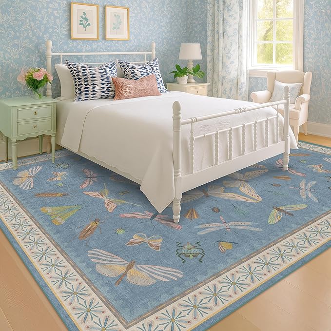 Washable Living Room Rug 8x10, Dusty Blue Area Rugs for Bedroom Under Bed, Dining Room Under Kitchen Table, Kids Room, Playroom, Lage Modern Boho Carpet, Ultra Soft Stain Resistant Colorful Decor