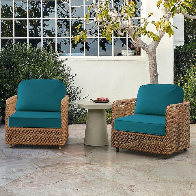 Outdoor Sunbrella Cushions for Patio Furniture Set of 2, 24"x24" Water Repellent Chair Cushions Removable Seat Bottom & Back Cushion Covers for Chair, Sofa, Couch, Spectrum Peacock