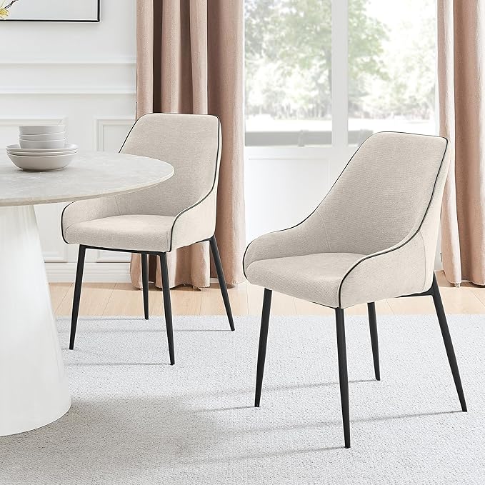 Furniturebox UK Dining Chairs - 2X Beaumont Cream Fabric Black Leg Chairs - Pair of Dining Chairs - Upholstered Polyester Chair - Modern Dining Room Furniture - Contrasting Black Piping