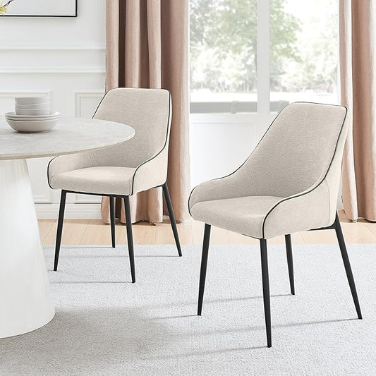 Furniturebox UK Dining Chairs - 2X Beaumont Cream Fabric Black Leg Chairs - Pair of Dining Chairs - Upholstered Polyester Chair - Modern Dining Room Furniture - Contrasting Black Piping