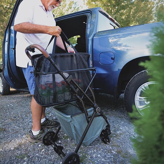 Strolee Personal Luxury Folding Shopping Cart On Premium Wheels – Ultra Lightweight Aluminum Frame – Removable Shopping Bag with Carry Strap & Lower Grocery Storage 75Lbs Capacity (Sage v2)