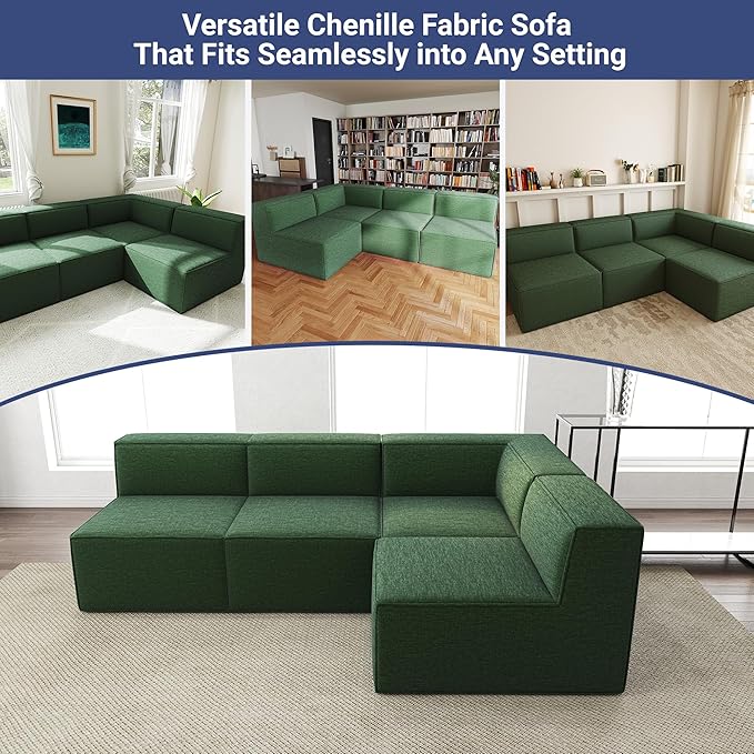 97" Sectional Compressed Sofa Modular Couches,High-Density Foam No Assembly Required,3-Piece(1xCorner 3xArmless) for Living Room, Chenille Green