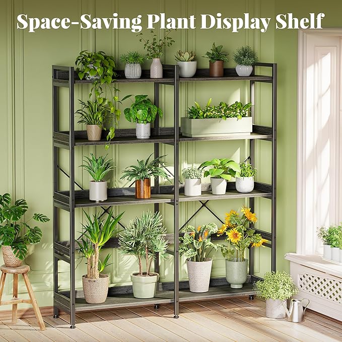 Huuger 5 Tier Bookshelf, Display Bookshelf with 10 Open Shelves and Raised Baffle, 47.2 Inch Straight Wide Bookcase with Metal Frame and Wooden Board, Adjustable Feet, Grey