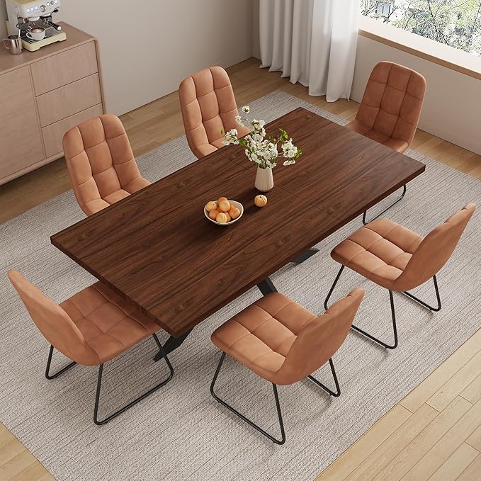 ZckyCine Modern 7-Piece Dining Table Set, 51''-67'' Extendable Walnut Wood Rectangular Table with Metal Legs and 6 PU Leather Chairs, Kitchen & Dining Room Furniture for 6, Easy Assembly
