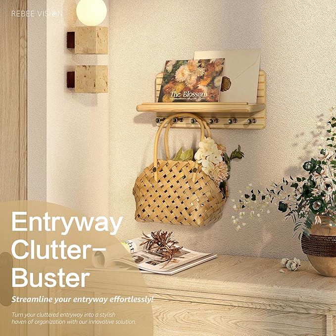 Rebee Vision Decorative Key Holder Wall Mount – Farmhouse 11-Inch Pine Wooden Key Holder for Wall with 6 Hooks & Floating Shelf - Chic and Functional Home Decor Solution (Natural Wood)