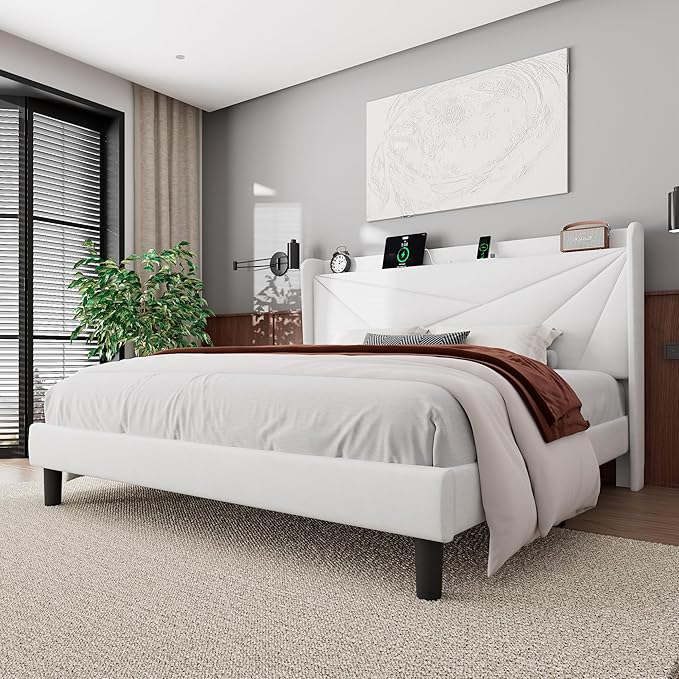 Feonase King Size Bed Frame with Charging Station, Upholstered Platform BedFrame with Wingback Storage Headboard, Solid Wood Slats Support, No Box Spring Needed, Noise Free, White