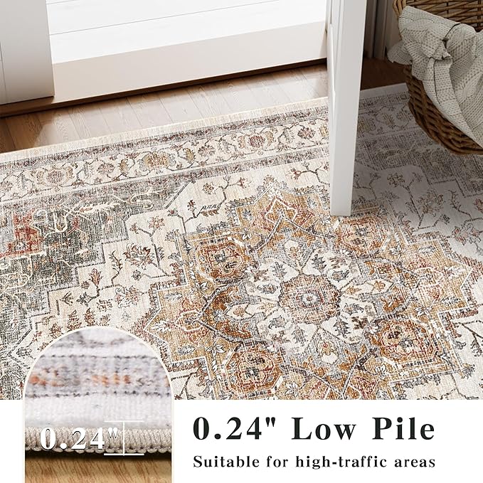 4x6 Area Rug for Bedroom Machine Washable Low Pile Vintage Distressed Rugs Stain Resistant Faux Wool Rug Ultra Soft Non-Slip Area Rugs for Living Room, Playroom, Kitchen,Home Office