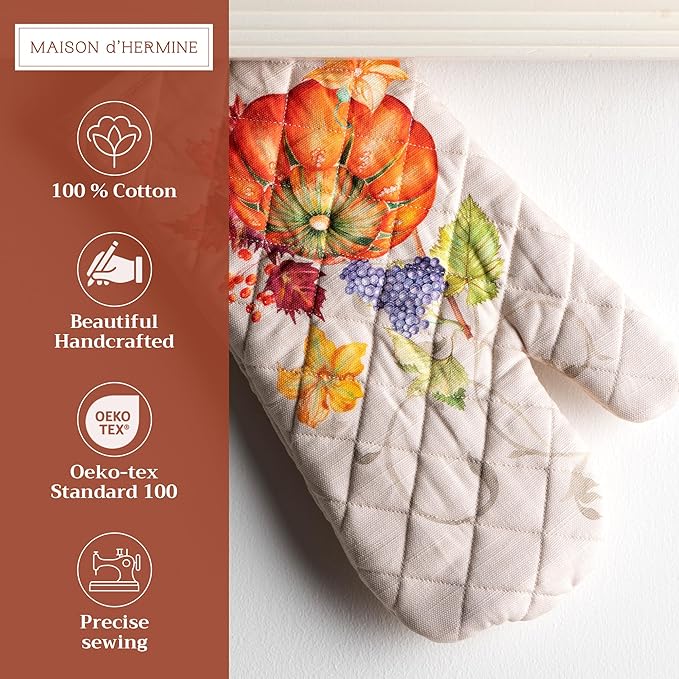 Maison d' Hermine Oven Gloves 100% Cotton Oven Mitt 7" x 13" with Loop Heat Resistant BBQ Cooking Gloves for Thanksgiving Christmas Decorations Baking Handling Hot Pans (Pack of 1, Lumina)