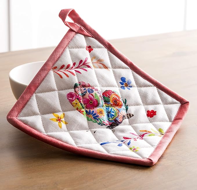 Maison d' Hermine 100% Cotton Oven Mitt & Pot Holder Set (7.5"x13" & 8"x8") Heat Resistant BBQ Cooking Gloves with Loop, Grilling, Kitchen, Handling Hot Pan Spring/Summer (Happy Florals - High Summer)