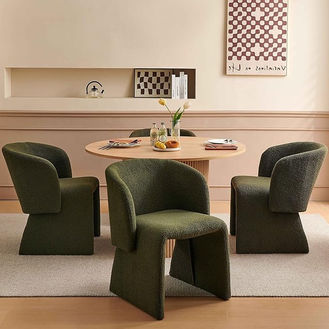 Upholstered Dining Chair Green Set of 4,Stylish Accent Barrel Side Chairs Cozy Single Sofa Chair Teddy Velvet Comfortable Armchair for Bedroom Reading Room Waiting Room Kitchen Dining Room