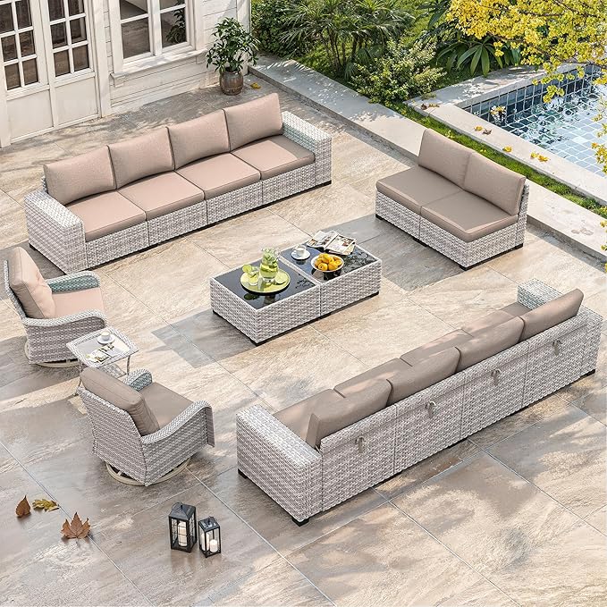 15 Piece Outdoor Wicker Rattan Sectional Sofa Set with Swivel Chairs, 12-Seats with 4" Thickened Cushions & Coffee Table, All-Weather PE Rattan for Garden, Backyard, Porch, Beige
