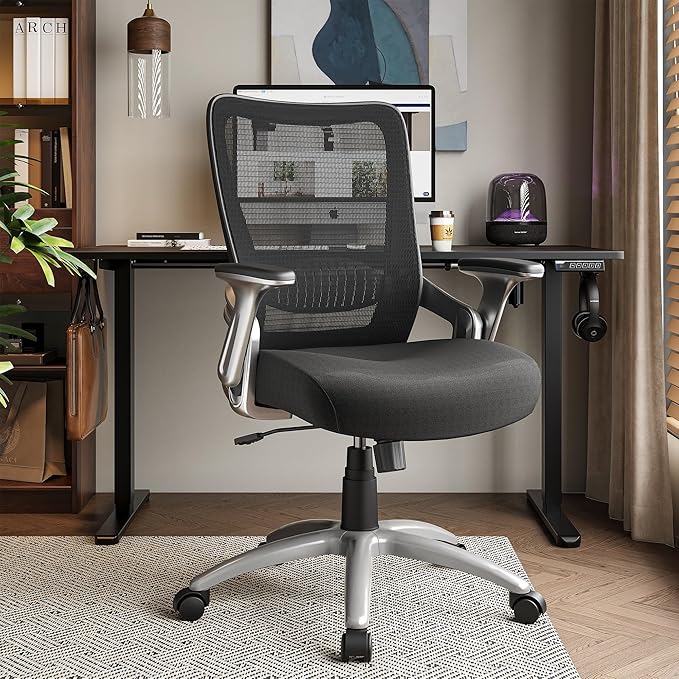 SUNNOW Office Chair, Ergonomic Computer Desk Chair, Sturdy Executive Task Chair - Adjustable Lumbar Support, Flip-up Arms, Tilt Function, Comfy Wide Seat, Swivel Mesh Home Office Desk Chairs (Black)