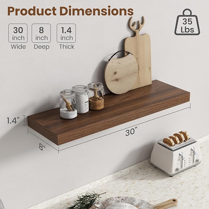 30 Inch Floating Shelves for Wall, 8 Inch Deep Floating Shelf for Storage & Display, Rustic Wall Mounted Shelf with Invisible Brackets for Living Room, Kitchen, Bathroom, Home Decor, Set of 2, Walnut