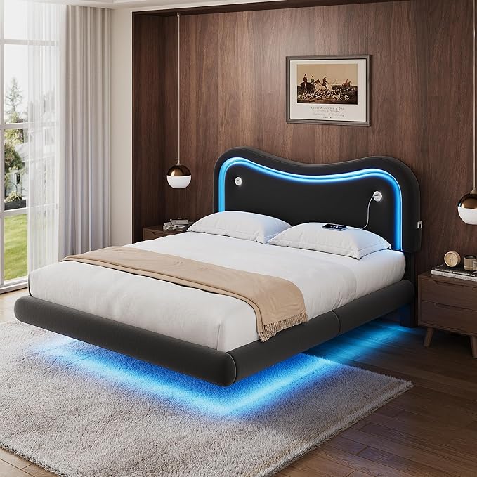 Queen Size Floating Bed Frame with LED Lights, Velvet Upholstered Headboard Bed Frame, Rounded Corners, Charging Station, No Box Spring Needed, Easy Assembly, Black