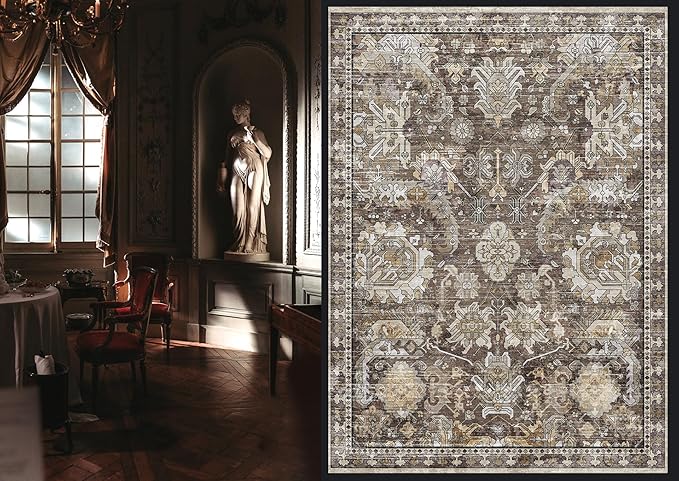 RUGSURE Washable Area Rugs - Perfect for Living Room, Bedroom, Kids Room, Nursery - Stain & Water Resistant Non-Slip, Pet & Child Friendly, Vintage Tribal Area Rugs (Ivory, 3' x 5 ')