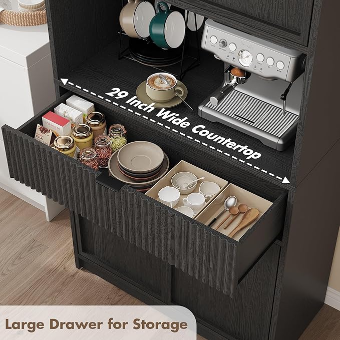 IDEALHOUSE Tall Storage Cabinet, 70" Kitchen Pantry Cabinet with Doors, Fluted Kitchen Hutch Cupboard with Microwave Shelf & Drawer, Freestanding Cupboard for Dining Room, Living Room, Black