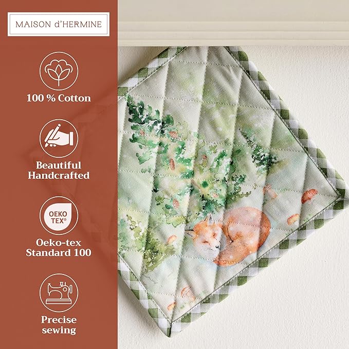 Maison d' Hermine Pot Holders 100% Cotton Heat Resistant Potholders 8" x 8" Hot Pads with Loop for Thanksgiving Christmas Decorations BBQ Cooking Baking Handling Hot Pans (Pack of 1, Winter Mornings)