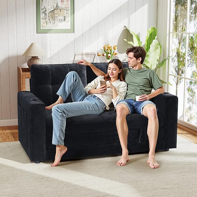 WorthFurni Convertible Sofa Bed, Folding Sofa Bed 2 in1 Pull Out Loveseat Sleeper Sofa, Floor Sofa Bed for Small Spaces Folding Couch Bed with Pillows for Living Room Bedroom - Black