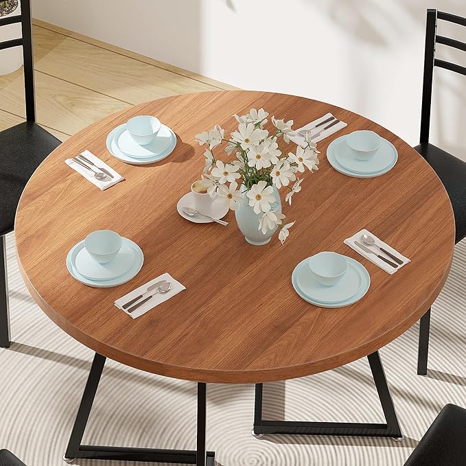 VECELO 35” Round Dining Table Set with 4 Cushioned Padded Chairs for Kitchen, Breakfast Nook, or Living Room, Wood-Grain Tabletop & Heavy-Duty Steel Frame, Easy Assembly, Walnut