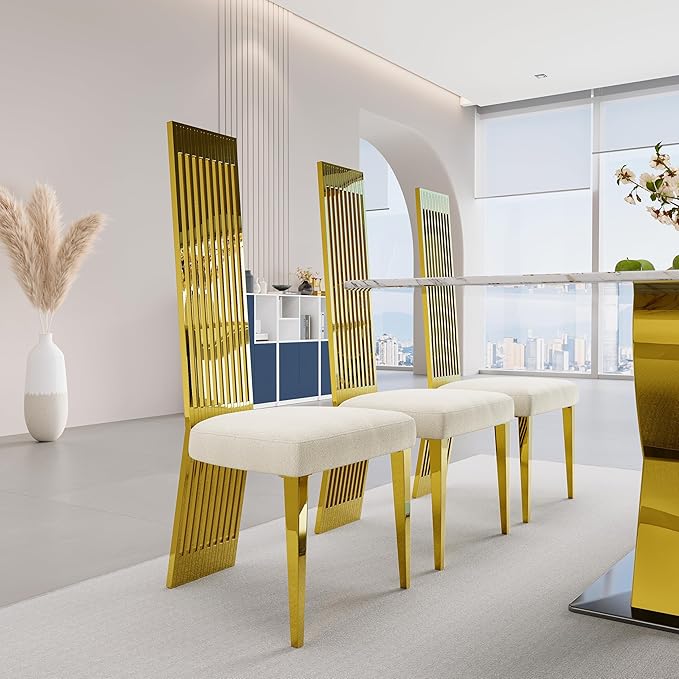 Gold Dining Chairs Set of 4, White Boucle Dining Chairs with Mirror Gold Stainless Steel Backrest and Legs, Modern Elegant Upholstered Dining Room Chairs for Dining Room Kitchen Restaurant