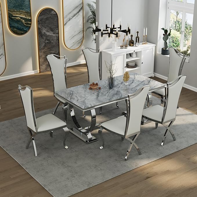 Asday 72 inch Modern Dining Room Table with Silver Stainless Steel Metal U-Base in Grey Silver