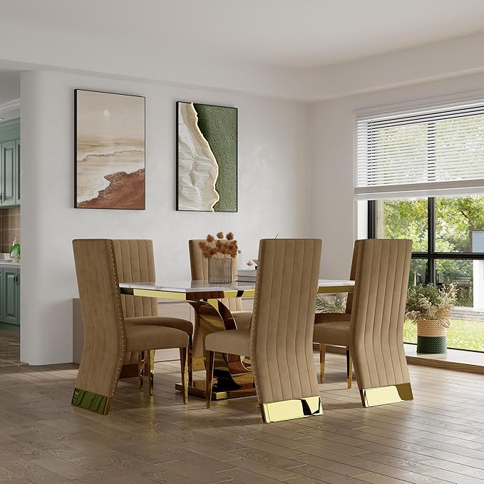 AUZ Dining Chairs with Nail Head Trim, Modern Velvet Upholstered Dining Room Chairs in Lovely Color with Polished Gold Stainless Steel Legs, Set of 6