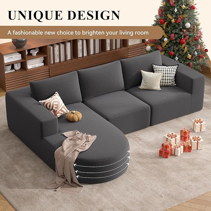 Modular Sectional Sofa with L-Shape Chaise,Cloud Sectional Modern Sleeper Couch with Deep Seat,Sponge Compression Sofas No Assembly Required (Dark Gray-Corduroy Fabric) 1PCS