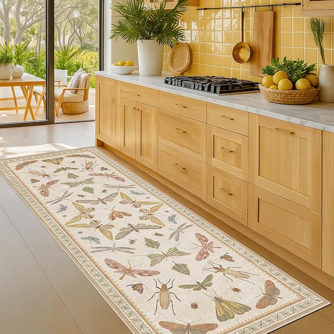 Boho 2x5 Long Bathroom Rug - Laundry Room Rug Runner for Kitchen, Washable Non Slip Soft Stain Reistant Beige and Yellow Neutral Insect Design Decor