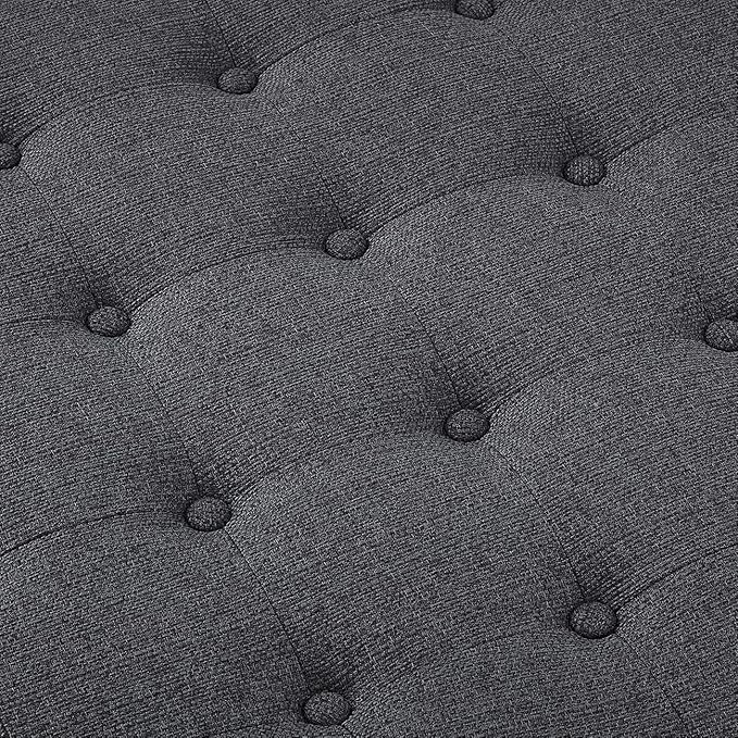 24KF Large Round Upholstered Tufted Linen Ottoman Coffee Table, Large Footrest Ottoman with Wood Shelf Storage-Charcoal